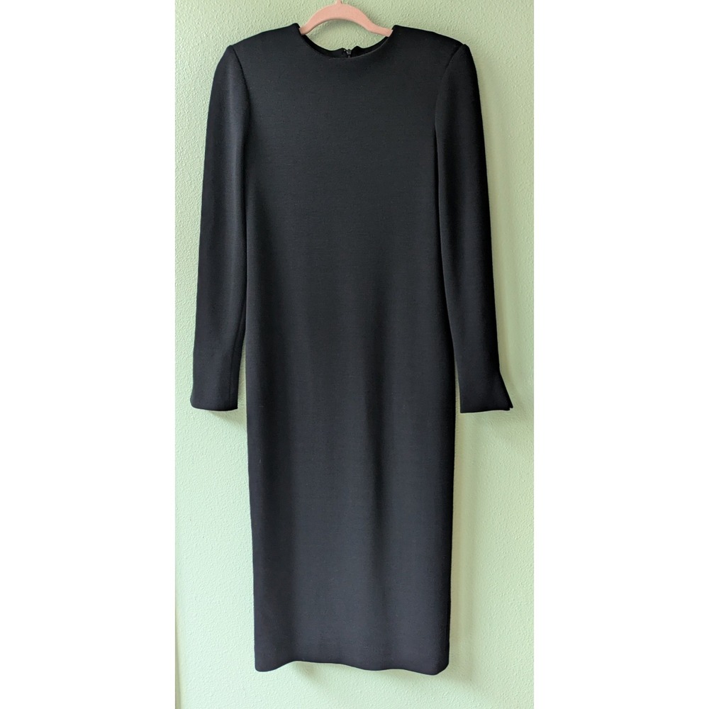Vintage Cathy Hardwick 80s Wool Black Dress Flute Wrist Shoulder Pads Marios